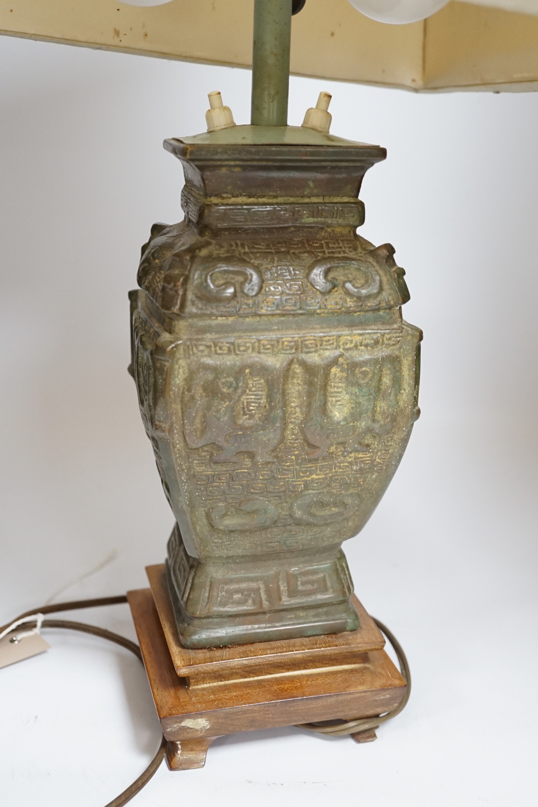 A Chinese archaistic bronze lamp with shade, 57cm including shade